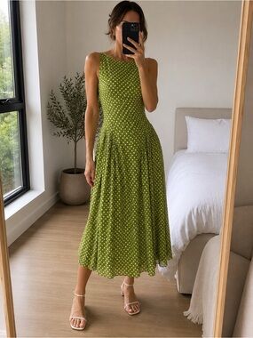 Edit by Jason Wu Elegant Polka Dot Sleeveless Midi Dress Moss Green Size 6 NWT